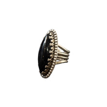 Load image into Gallery viewer, Silver ring with a black stone.