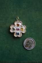 Load image into Gallery viewer, 14K GOLD CHARM, MOTHER OF PEARL CLOVER WITH RAINBOW SAPPHIRES