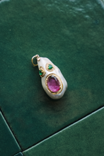Load image into Gallery viewer, 14K GOLD CHARM, FREEFORM PEARL FACE WITH EMERALD, TOURMALINE AND DIAMOND