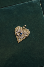 Load image into Gallery viewer, 14K GOLD CHARM, ALL SEEING EYE HEART PENDANT WITH DIAMONDS AND BLUE SAPPHIRES