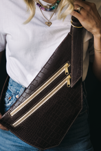 Load image into Gallery viewer, CAMPFIRE COUTURE DOUBLE POCKET SLING BAG - BROWN CROCODILE LEATHER