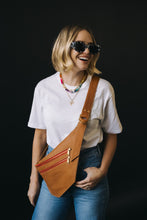 Load image into Gallery viewer, CAMPFIRE COUTURE DOUBLE POCKET SLING BAG- SMOOTH CAMEL LEATHER WITH RED ZIPPER