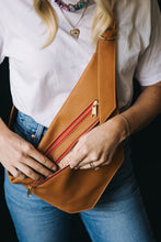 Load image into Gallery viewer, CAMPFIRE COUTURE DOUBLE POCKET SLING BAG- SMOOTH CAMEL LEATHER WITH RED ZIPPER