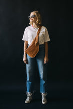 Load image into Gallery viewer, CAMPFIRE COUTURE DOUBLE POCKET SLING BAG- SMOOTH CAMEL LEATHER WITH RED ZIPPER