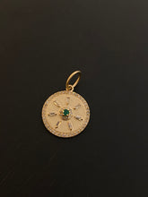 Load image into Gallery viewer, 14K GOLD CHARM, MINI DIAMOND AND EMERALD BAGUETTE SUN COIN
