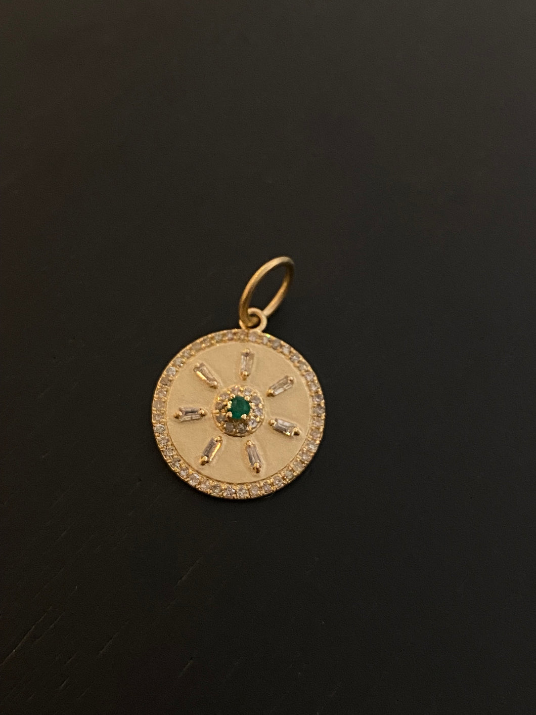 14K GOLD CHARM, MINI DIAMOND AND EMERALD BAGUETTE SUN COIN