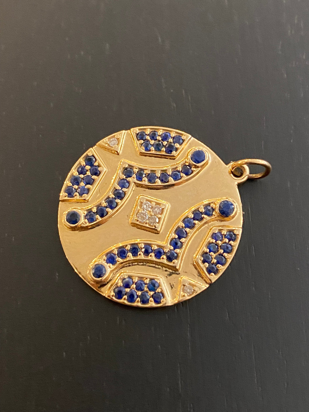 14K GOLD CHARM, LARGE SAPPHIRE AND DIAMOND MEDALLION