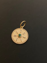 Load image into Gallery viewer, 14K GOLD CHARM, MINI DIAMOND AND EMERALD BAGUETTE SUN COIN
