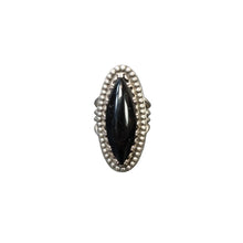 Load image into Gallery viewer, Silver ring with a black gemstone.
