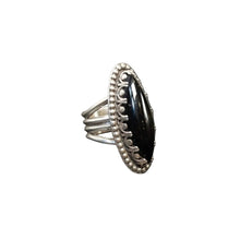 Load image into Gallery viewer, Silver ring with a black stone.

