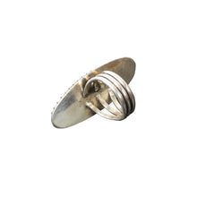 Load image into Gallery viewer, Back of silver ring with a unique design.
