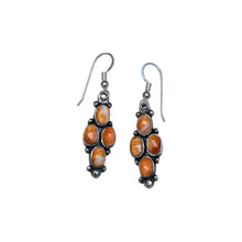 Load image into Gallery viewer, Pair of earrings with orange stones and sterling silver hooks.

