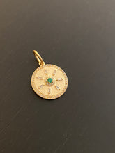 Load image into Gallery viewer, 14K GOLD CHARM, MINI DIAMOND AND EMERALD BAGUETTE SUN COIN
