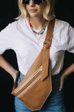 Load image into Gallery viewer, CAMPFIRE COUTURE DOUBLE POCKET SLING BAG - PEBBLED CAMEL LEATHER
