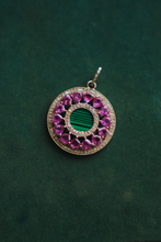 Load image into Gallery viewer, 14K GOLD CHARM, DIAMOND AND MALACHITE WITH HEART RUBIES PENDANT
