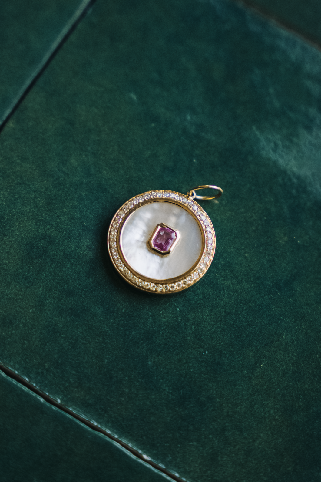 14K GOLD CHARM, PINK RUBY MOTHER OF PEARL PENDANT