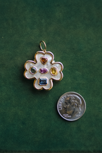 Load image into Gallery viewer, 14K GOLD CHARM, MOTHER OF PEARL CLOVER WITH RAINBOW SAPPHIRES
