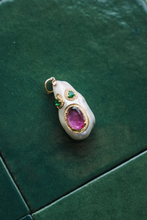 Load image into Gallery viewer, 14K GOLD CHARM, FREEFORM PEARL FACE WITH EMERALD, TURMALINE AND DIAMOND
