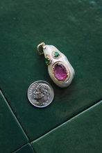 Load image into Gallery viewer, 14K GOLD CHARM, MOTHER OF PEARL FACE WITH EMERALD AND TURMALINE
