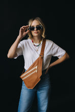 Load image into Gallery viewer, CAMPFIRE COUTURE DOUBLE POCKET SLING BAG - SMOOTH CAMEL LEATHER WITH WHITE ZIPPER
