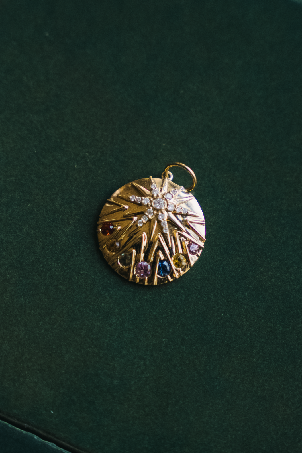14K GOLD CHARM, STAR PENDANT WITH RAINBOW SAPPHIRES AND DIAMONDS