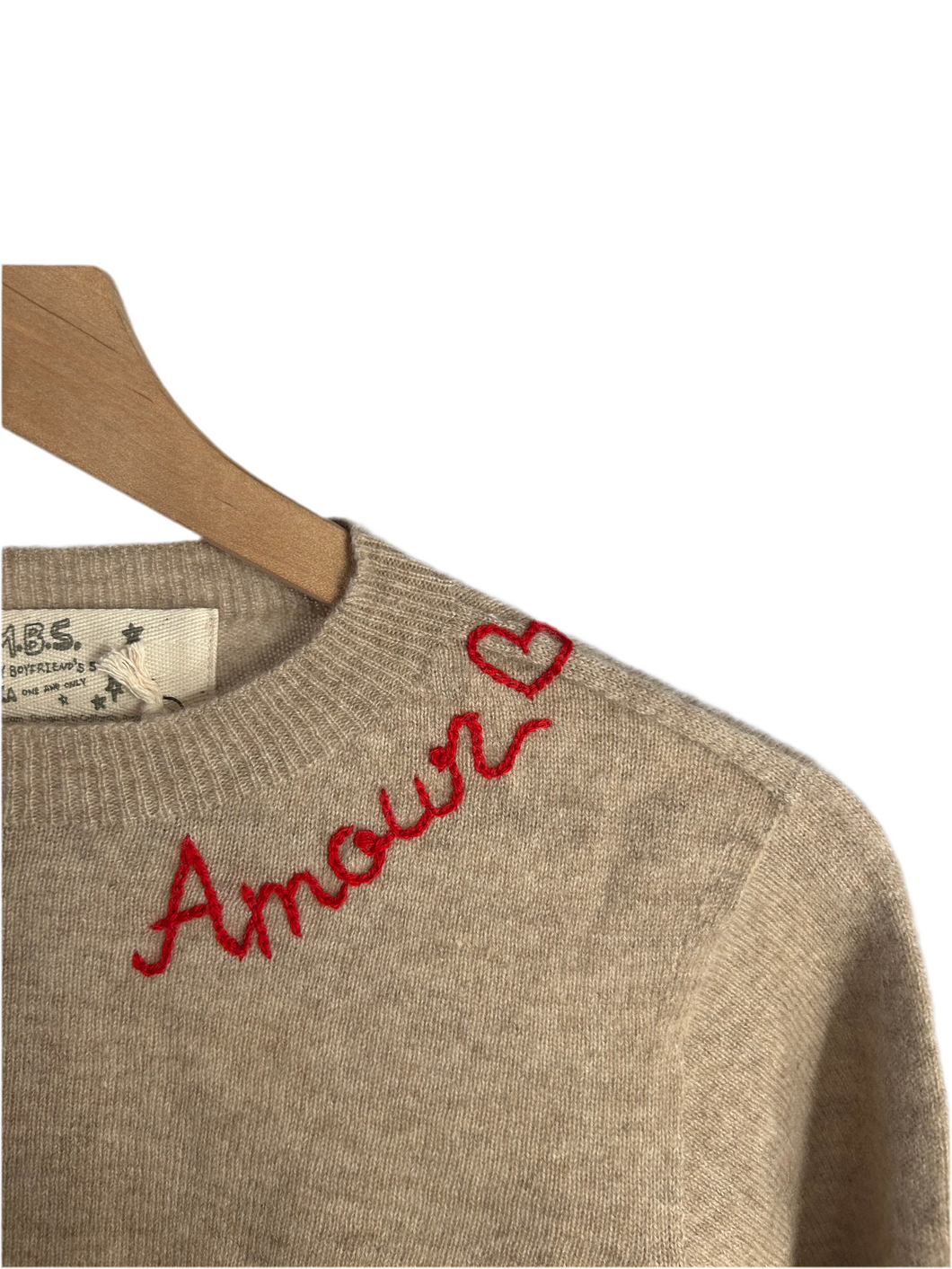 OATMEAL CASHMERE AMOUR EMBROIDERED SWEATER