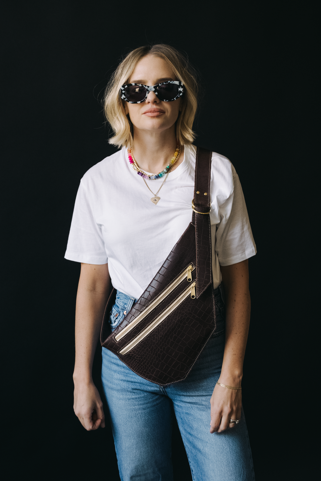 CAMPFIRE COUTURE DOUBLE POCKET SLING BAG - BROWN CROCODILE LEATHER