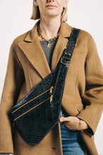 Load image into Gallery viewer, CAMPFIRE COUTURE DOUBLE POCKET SLING BAG - BLACK CROCODILE EMBOSSED LEATHER
