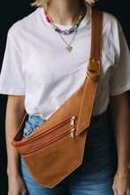 Load image into Gallery viewer, CAMPFIRE COUTURE DOUBLE POCKET SLING BAG- SMOOTH CAMEL LEATHER WITH RED ZIPPER
