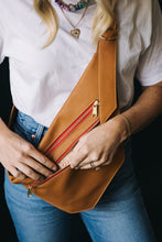 Load image into Gallery viewer, CAMPFIRE COUTURE DOUBLE POCKET SLING BAG- SMOOTH CAMEL LEATHER WITH RED ZIPPER
