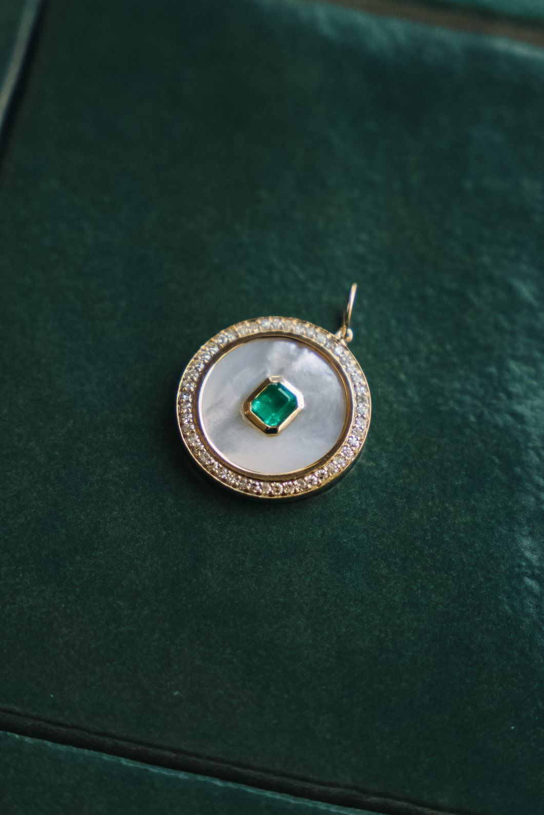 14K GOLD CHARM, EMERALD MOTHER OF PEARL PENDANT