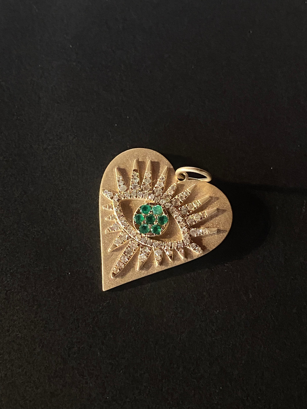 14K GOLD CHARM, ALL SEEING EYE DIAMOND AND EMERALD PENDANT