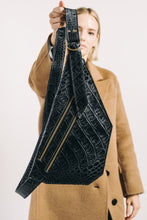 Load image into Gallery viewer, CAMPFIRE COUTURE DOUBLE POCKET SLING BAG - BLACK CROCODILE EMBOSSED LEATHER
